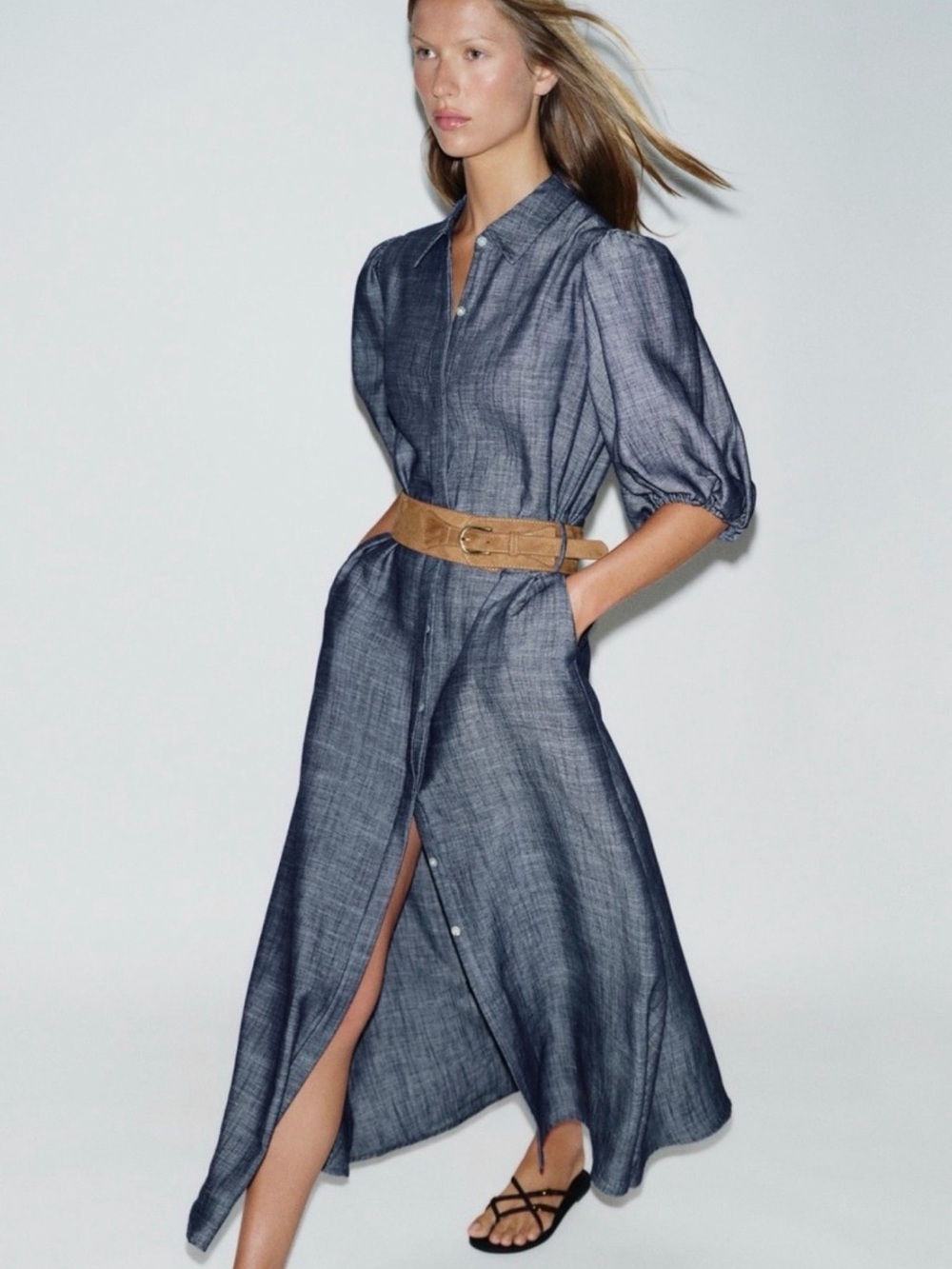ZARA Midi Dress with Tan Belt